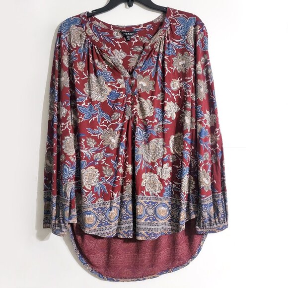 Lucky Brand Tops - Lucky Brand Womens High Low Long Sleeve Top Size L Red & Blue Floral Henley Neck